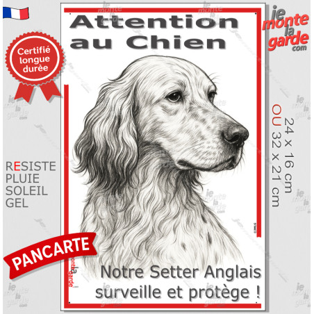Plaque portail verticale "Attention au Chien, notre Setter Anglais surveille et protège" dessin stylisé, résiste pluie soleil ge