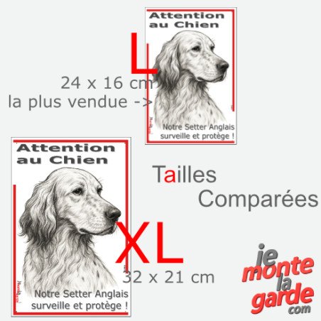 Plaque portail verticale "Attention au Chien, notre Setter Anglais surveille et protège" dessin noir et blanc, 2 tailles D