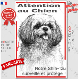 Plaque portail verticale "Attention au Chien, notre Shih-Tzu surveille et protège" dessin stylisé, résiste pluie soleil gel, idé