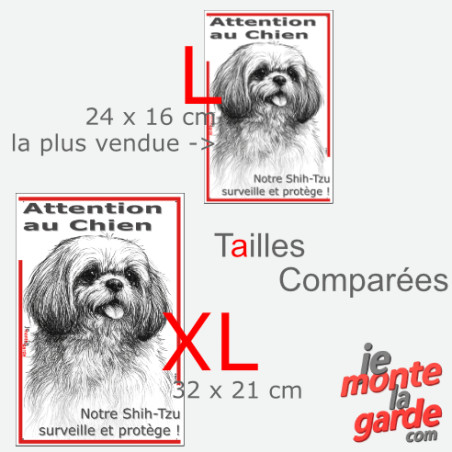 Plaque portail verticale "Attention au Chien, notre Shih-Tzu surveille et protège" dessin noir et blanc, 2 tailles D