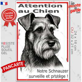 Plaque portail verticale "Attention au Chien, notre Schnauzer surveille et protège" dessin stylisé, résiste pluie soleil gel, id