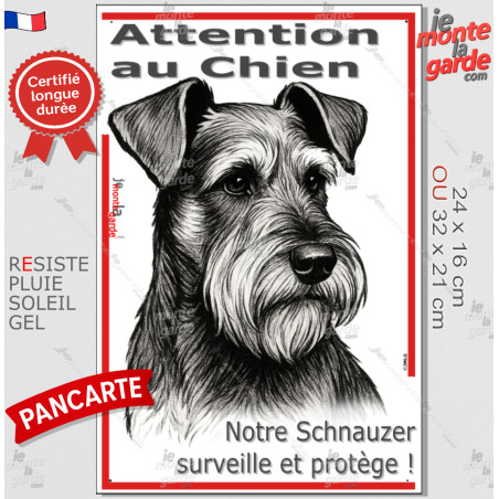 Plaque portail verticale "Attention au Chien, notre Schnauzer surveille et protège" dessin stylisé, résiste pluie soleil gel, id