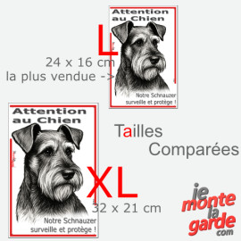 Plaque portail verticale "Attention au Chien, notre Schnauzer surveille et protège" dessin noir et blanc, 2 tailles D