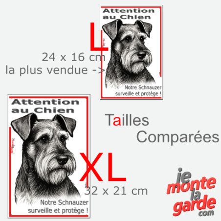 Plaque portail verticale "Attention au Chien, notre Schnauzer surveille et protège" dessin noir et blanc, 2 tailles D