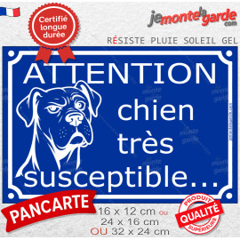 "Attention Chien Très Susceptible" pancarte bleu portail humour, look plaque de rue, résiste pluie soleil gel, idée cadeau