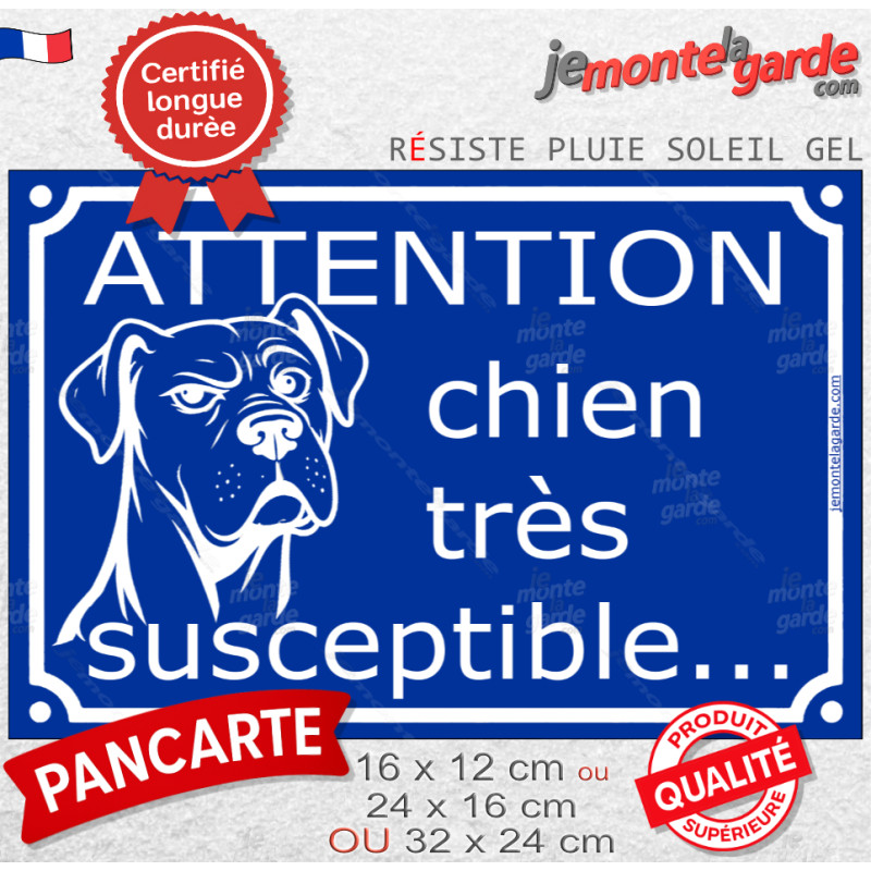 "Attention Chien Très Susceptible" pancarte bleu portail humour, look plaque de rue, résiste pluie soleil gel, idée cadeau "Attention Chien Très Susceptible" pancarte bleu portail humour, look plaque de rue, résiste pluie soleil gel, idée cadeau
