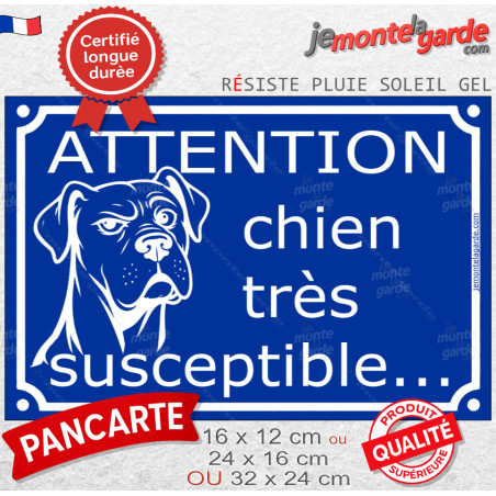 "Attention Chien Très Susceptible" pancarte bleu portail humour, look plaque de rue, résiste pluie soleil gel, idée cadeau
