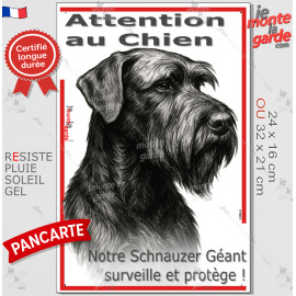 Plaque portail verticale "Attention au Chien, notre Schnauzer Géant surveille et protège" dessin stylisé, résiste pluie soleil g
