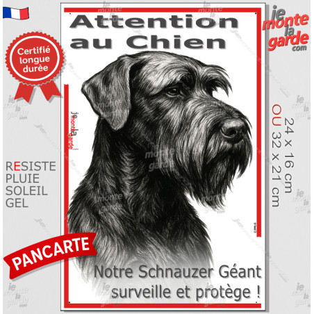 Plaque portail verticale "Attention au Chien, notre Schnauzer Géant surveille et protège" dessin stylisé, résiste pluie soleil g
