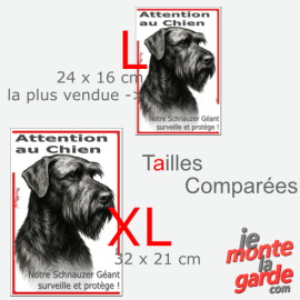 Plaque portail verticale "Attention au Chien, notre Schnauzer Géant surveille et protège" dessin noir et blanc, 2 tailles D
