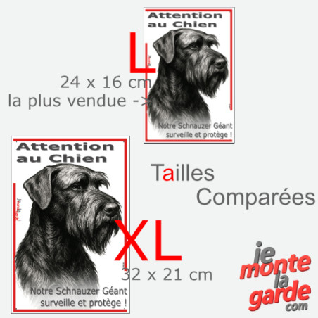 Plaque portail verticale "Attention au Chien, notre Schnauzer Géant surveille et protège" dessin noir et blanc, 2 tailles D