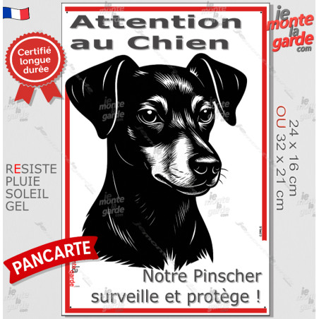 Plaque portail verticale "Attention au Chien, notre Pinscher surveille et protège" dessin stylisé, résiste pluie soleil gel, idé