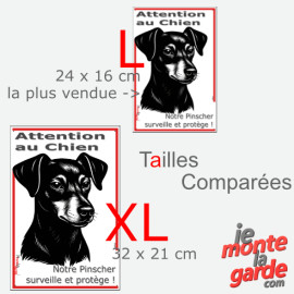 Plaque portail verticale "Attention au Chien, notre Pinscher surveille et protège" dessin noir et blanc, 2 tailles D