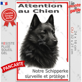 Plaque portail verticale "Attention au Chien, notre Schipperke surveille et protège" dessin stylisé, résiste pluie soleil gel, i
