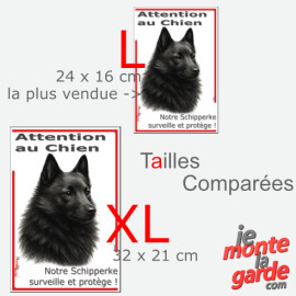 Plaque portail verticale "Attention au Chien, notre Schipperke surveille et protège" dessin noir et blanc, 2 tailles D