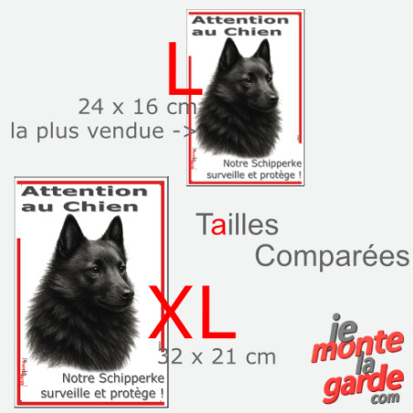 Plaque portail verticale "Attention au Chien, notre Schipperke surveille et protège" dessin noir et blanc, 2 tailles D