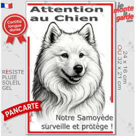 Plaque portail verticale "Attention au Chien, notre Samoyède surveille et protège" dessin stylisé, résiste pluie soleil gel, idé