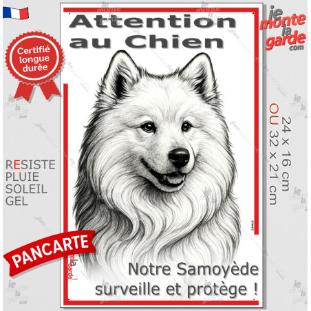 Plaque portail verticale "Attention au Chien, notre Samoyède surveille et protège" dessin stylisé, résiste pluie soleil gel, idé