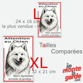 Plaque portail verticale "Attention au Chien, notre Samoyède surveille et protège" dessin noir et blanc, 2 tailles D