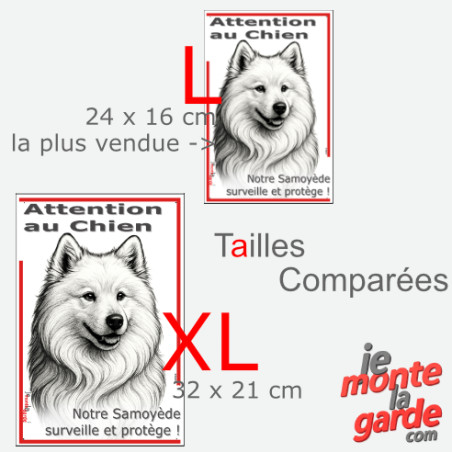 Plaque portail verticale "Attention au Chien, notre Samoyède surveille et protège" dessin noir et blanc, 2 tailles D
