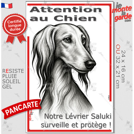 Plaque portail verticale "Attention au Chien, notre Lévrier Saluki surveille et protège" dessin stylisé, résiste pluie soleil ge