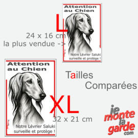 Plaque portail verticale "Attention au Chien, notre Lévrier Saluki surveille et protège" dessin noir et blanc, 2 tailles D