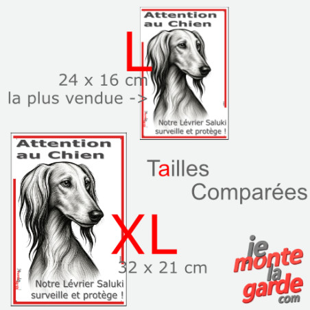 Plaque portail verticale "Attention au Chien, notre Lévrier Saluki surveille et protège" dessin noir et blanc, 2 tailles D