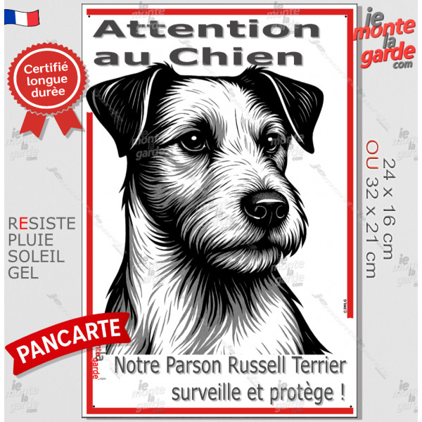Plaque portail verticale "Attention au Chien, notre Parson Russell Terrier surveille et protège" dessin stylisé, résiste pluie s Plaque portail verticale "Attention au Chien, notre Parson Russell Terrier surveille et protège" dessin stylisé, résiste pluie s