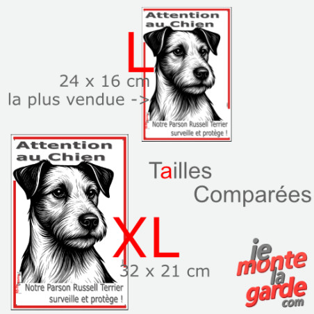 Plaque portail verticale "Attention au Chien, notre Parson Russell Terrier surveille et protège" comparaison des tailles disponi