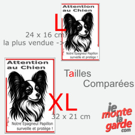 Plaque portail verticale "Attention au Chien, notre Epagneul Papillon surveille et protège" dessin noir et blanc, 2 tailles D