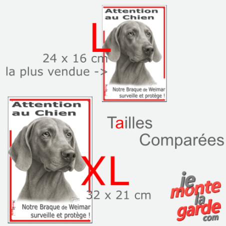 Plaque portail verticale "Attention au Chien, notre Braque de Weimar surveille et protège" dessin noir et blanc, 2 tailles D