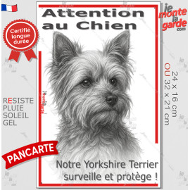 Plaque portail verticale "Attention au Chien, notre Yorkshire Terrier surveille et protège" dessin stylisé, résiste pluie soleil