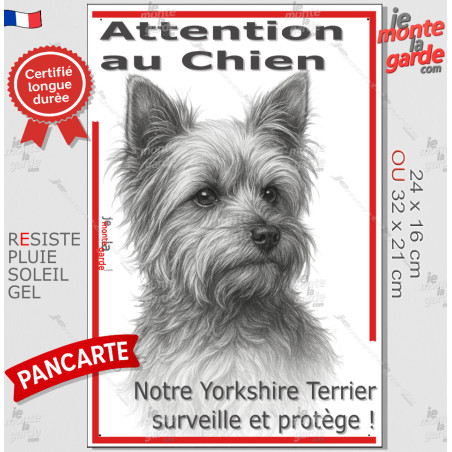 Plaque portail verticale "Attention au Chien, notre Yorkshire Terrier surveille et protège" dessin stylisé, résiste pluie soleil