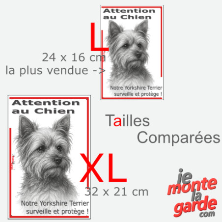 Plaque portail verticale "Attention au Chien, notre Yorkshire Terrier surveille et protège" dessin noir et blanc, 2 tailles D