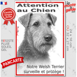 Plaque portail verticale "Attention au Chien, notre Welsh Terrier surveille et protège" dessin stylisé, résiste pluie soleil gel