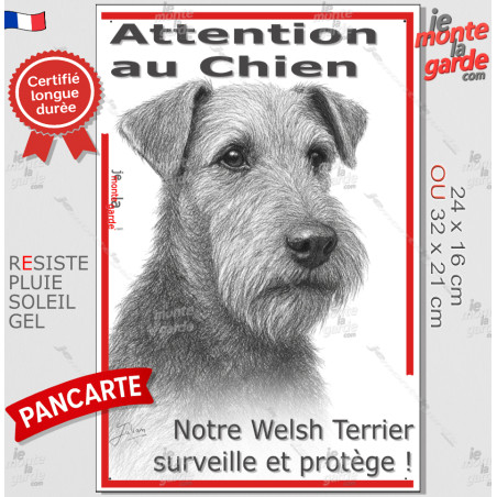 Plaque portail verticale "Attention au Chien, notre Welsh Terrier surveille et protège" dessin stylisé, résiste pluie soleil gel