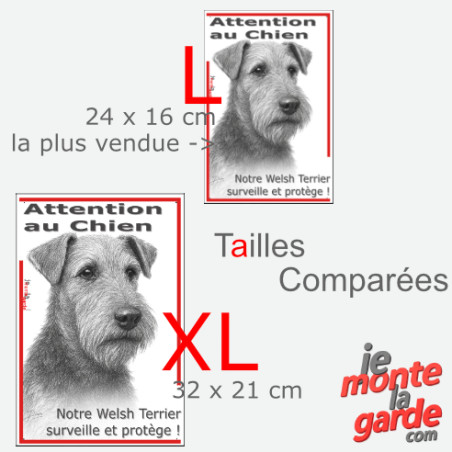Plaque portail verticale "Attention au Chien, notre Welsh Terrier surveille et protège" dessin noir et blanc, 2 tailles D