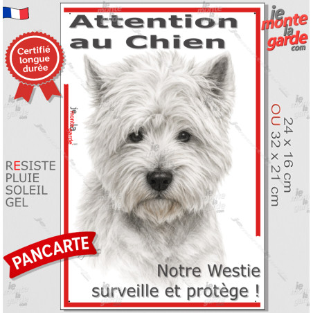 Plaque portail verticale "Attention au Chien, notre Westie surveille et protège" dessin stylisé, résiste pluie soleil gel, idée 