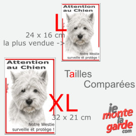 Plaque portail verticale "Attention au Chien, notre Westie surveille et protège" dessin noir et blanc, 2 tailles D