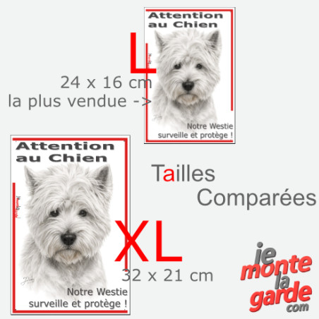 Plaque portail verticale "Attention au Chien, notre Westie surveille et protège" dessin noir et blanc, 2 tailles D