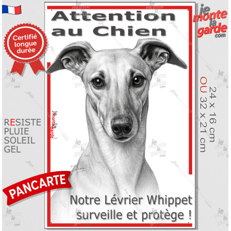 Plaque portail verticale "Attention au Chien, notre Lévrier Whippet surveille et protège" dessin stylisé, résiste pluie soleil g