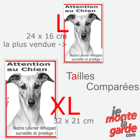 Plaque portail verticale "Attention au Chien, notre Lévrier Whippet surveille et protège" dessin noir et blanc, 2 tailles D