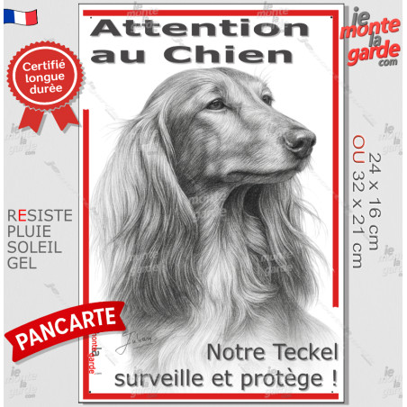 Plaque portail verticale "Attention au Chien, notre Teckel à poils longs surveille et protège" dessin stylisé, résiste pluie sol