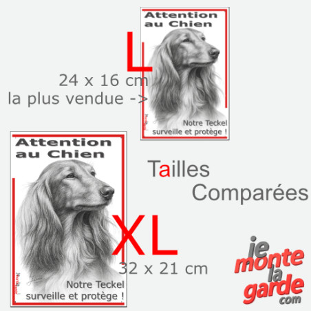 Plaque portail verticale "Attention au Chien, notre Teckel surveille et protège" dessin noir et blanc, 2 tailles D