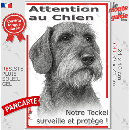 Plaque portail verticale "Attention au Chien, notre Teckel à poils durs surveille et protège" dessin stylisé, résiste pluie sole