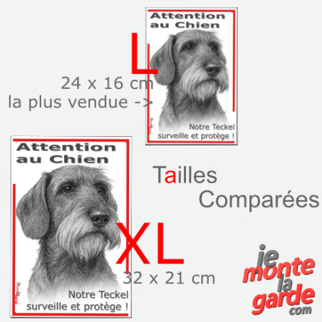 Plaque portail verticale "Attention au Chien, notre Teckel surveille et protège" dessin noir et blanc, 2 tailles D