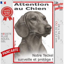Plaque portail verticale "Attention au Chien, notre Teckel à poils ras surveille et protège" dessin stylisé, résiste pluie solei