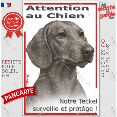 Plaque portail verticale "Attention au Chien, notre Teckel à poils ras surveille et protège" dessin stylisé, résiste pluie solei