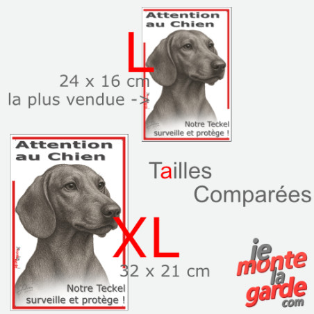 Plaque portail verticale "Attention au Chien, notre Teckel surveille et protège" dessin noir et blanc, 2 tailles D