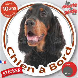Setter Gordon noir et feu, sticker autocollant rond "Chien à Bord" disque photo adhésif vitre voiture, résiste pluie soleil gel,